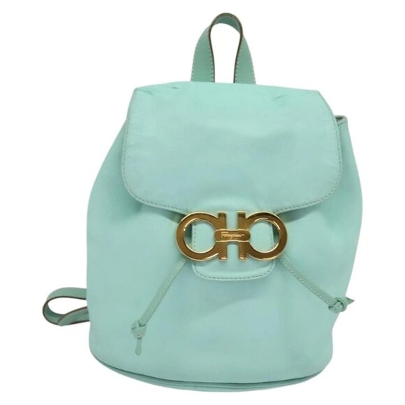 Salvatore Ferragamo Backpack Leather Turquoise Blue Gold Auth bs27971 main image 9